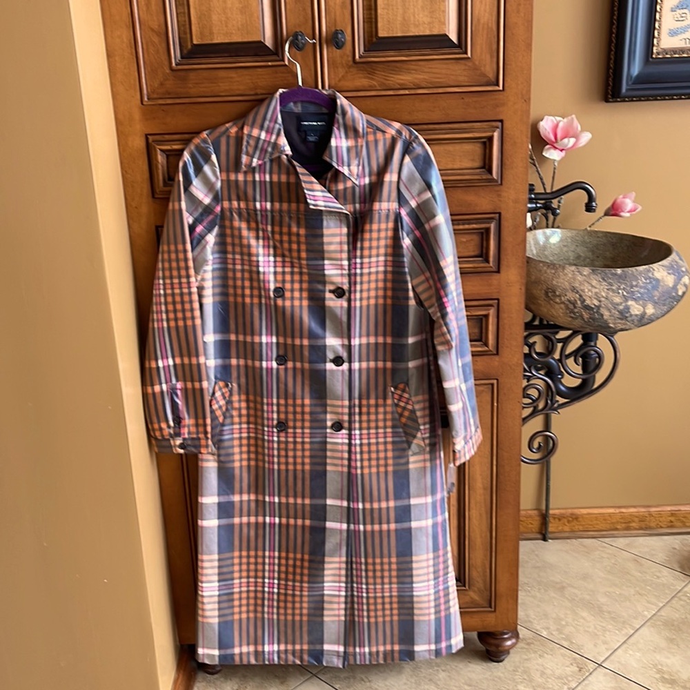Something Navy trench style rain coat plaid. Never worn